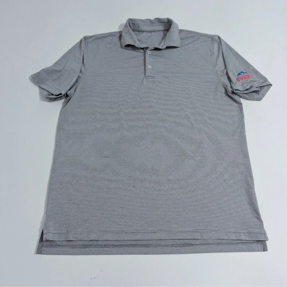 Johnnie-O Men's Gray Stripped Performance Golf Polo Evian Water Logo L Large